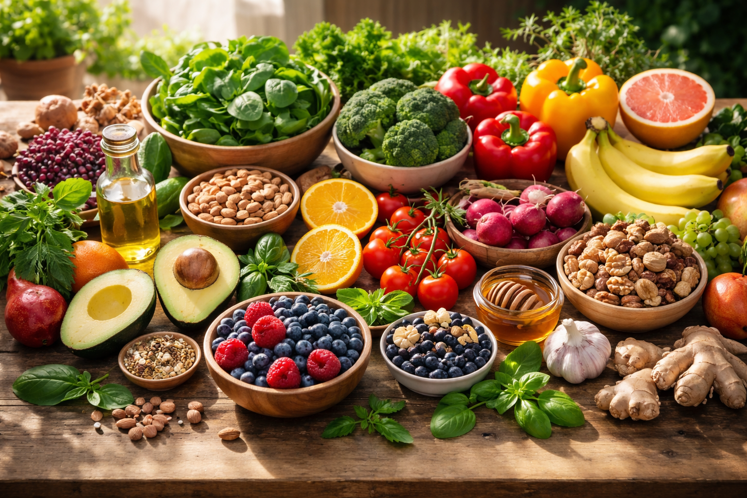 Fresh vegetables, fruits, nuts and natural ingredients arranged on a wooden table in natural morning sunlight, healthy lifestyle concept